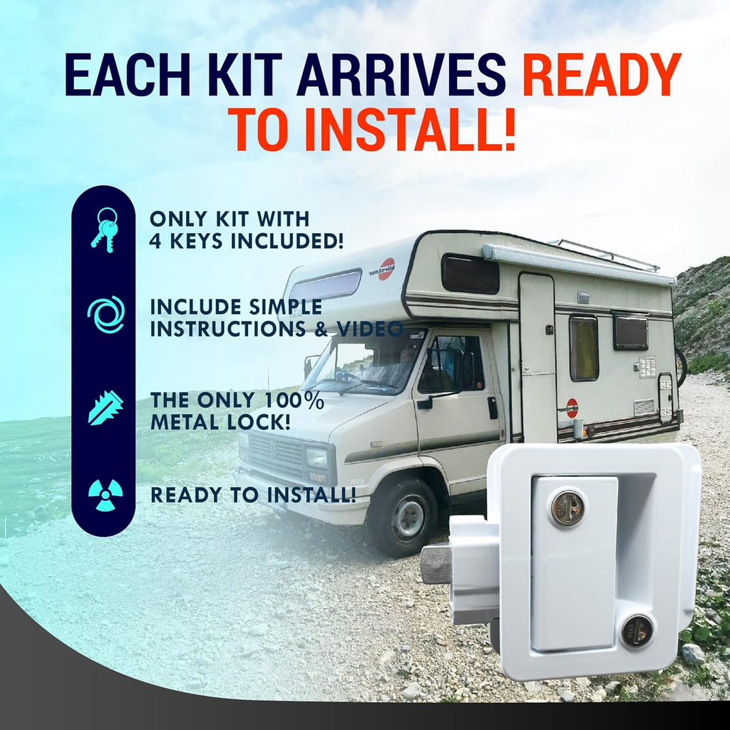 LATCH.IT White RV Door Lock Replacement | All Metal RV Door Handle Fits 2.75"x3.75" Holes | Trailer Door Latch with 4 Keys Included | RV Door Latch for Trailer, Camper, Fifth Wheel and More!
