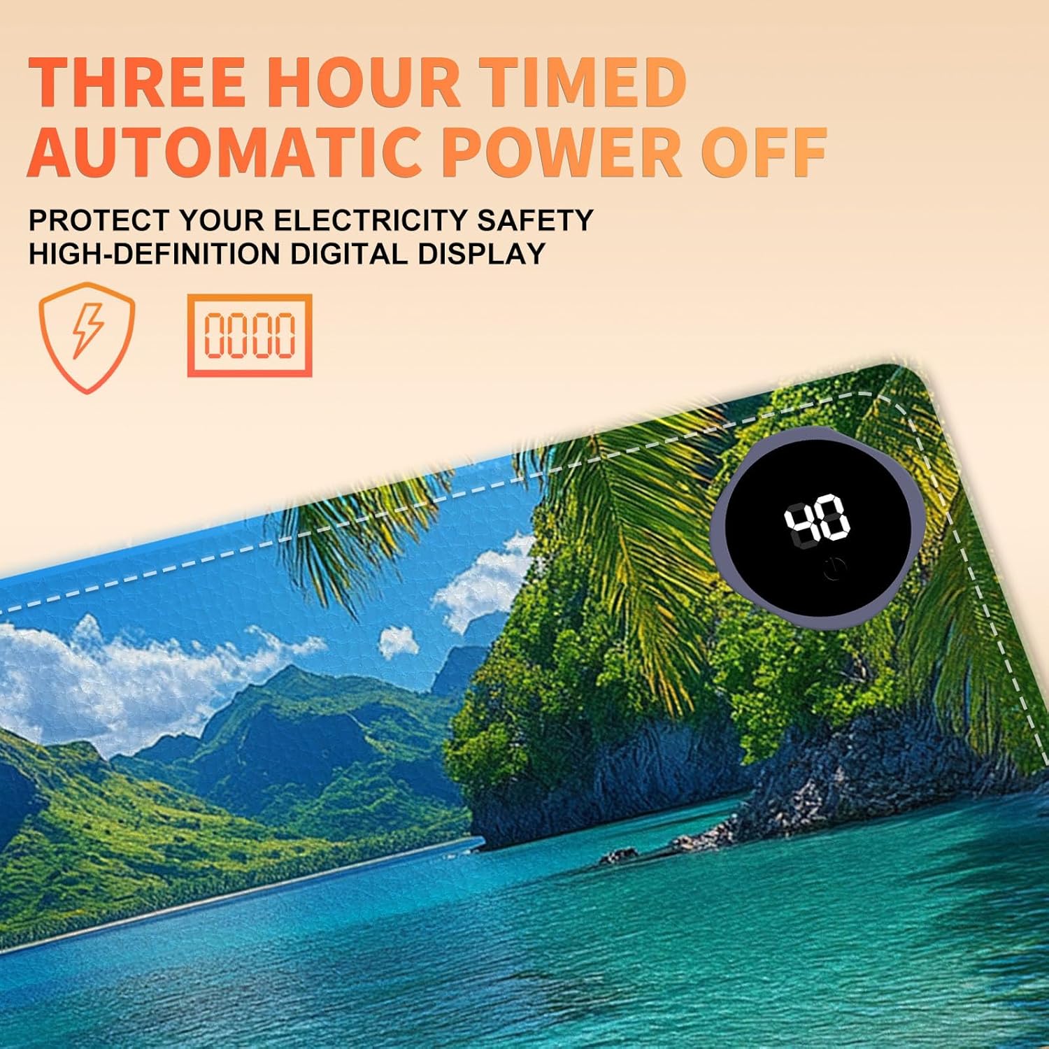 Heated Mouse Pad 31.5x13 in 3-Temp Fast Heating Desk Mat with Auto Timer Warmer for Hands Wrist Pain Relief Waterproof Keyboard Mat for Office, Gaming, Home, Tropical Paradise Beach