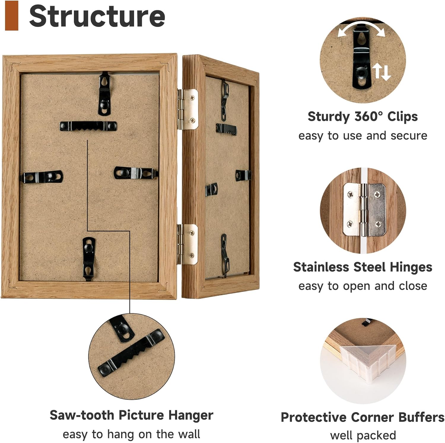 Axeman 4x6 Double Picture Frame - Solid Oak Wood Vertical Hinged 4x6 Photo Frame 2 Opening Folding Family Frames Collage With Real Glass for Tabletop Display, Hanging Hardware Included | Natural