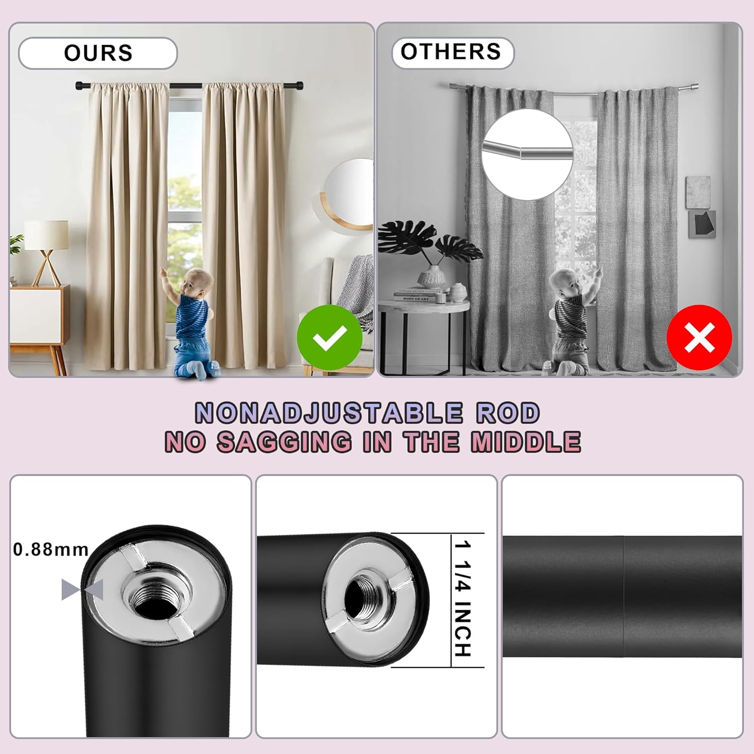 Heavy Duty Curtain Rods,1 1/4" Large Diameter Premium Nonadjustable Curtain Rod,54in/4.5ft Custom Window Treatment Rods with Durable Aluminum Brackets and End Caps,Black Finish