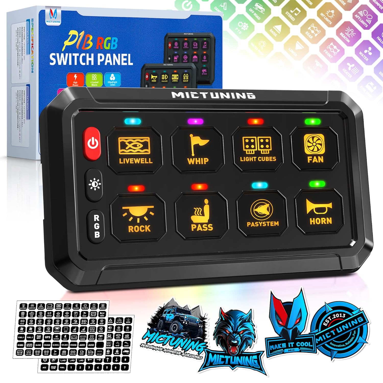 MICTUNING P1B RGB 8 Gang Switch Panel, Multifunction Toggle Momentary Flash Strobe Pulsed Switch Pod with Backlit Off, 5-Level Brightness Circuit Control Relay System Box for Truck RV Offroad Marine