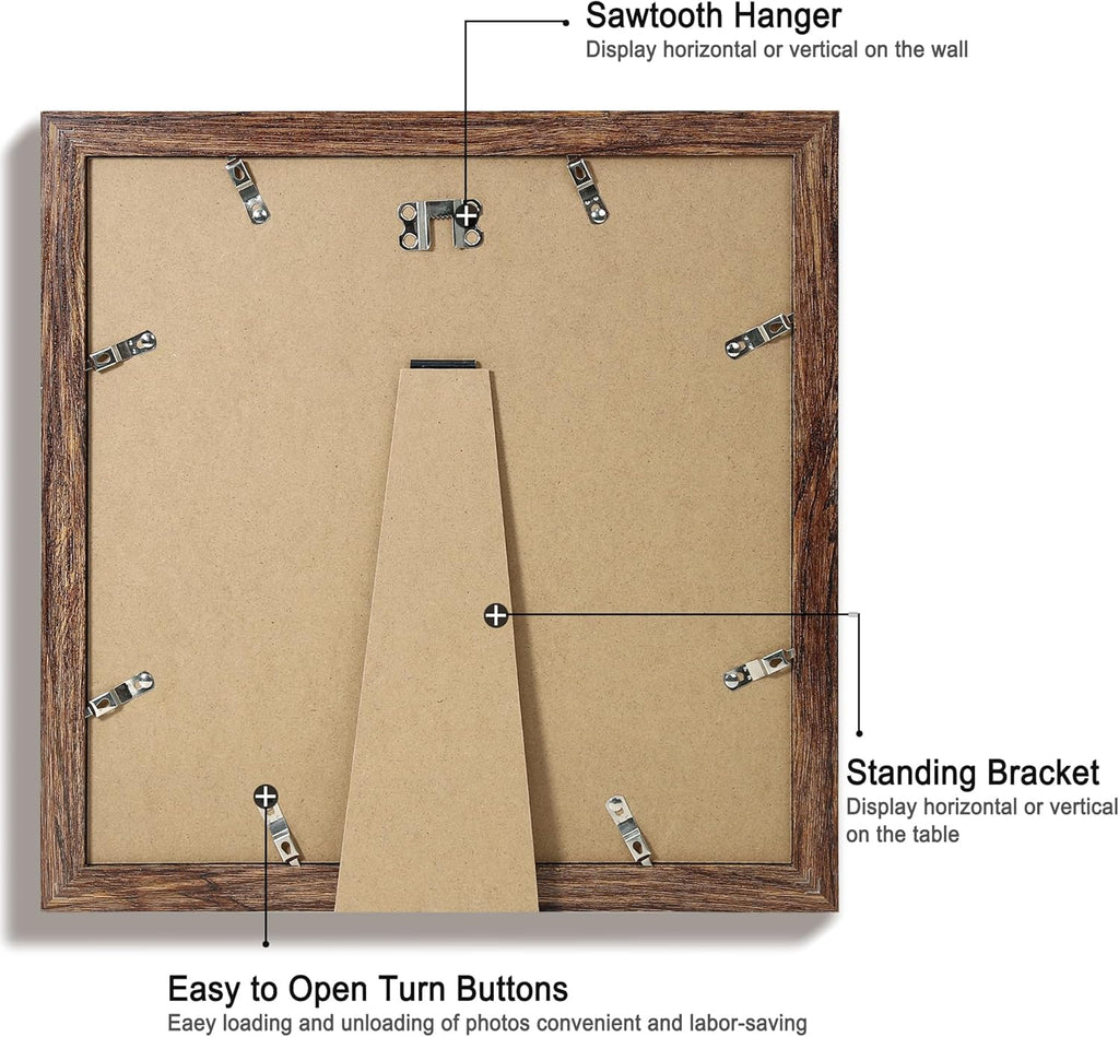 iRahmen 12x12 Picture Frame Set of 4 with Tempered Glass, Rustic Frame Display 10x10 Pictures with Mat or 12 x 12 Without Mat, Wood Square Photo Frames for Desktop Display and Wall Mounting