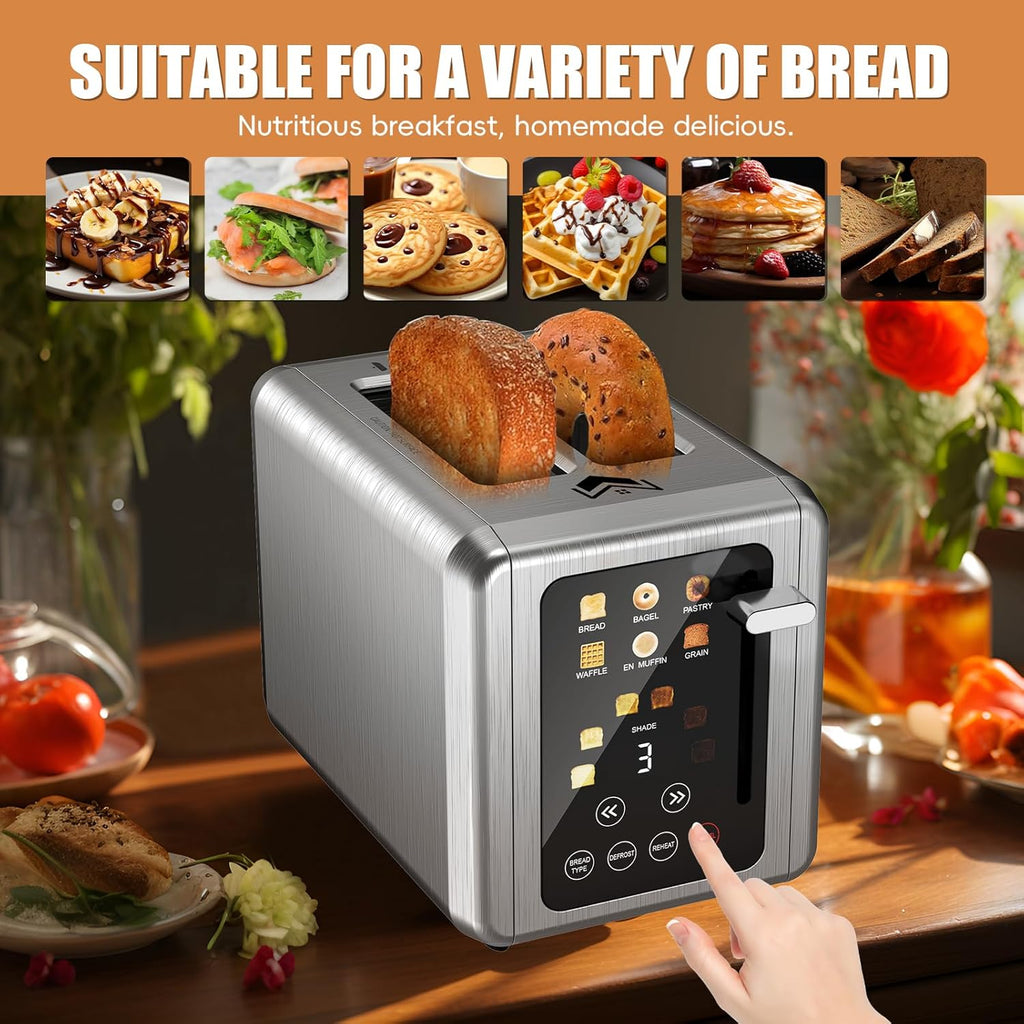2 Slice Toaster,Touchscreen & Dual Independent Control Panel,5 Basic Functions & Digital Countdown Toasters,6 Shade Settings＆6 Bread Types,Smart Bread Maker Mute/Screen-Off,Titanium