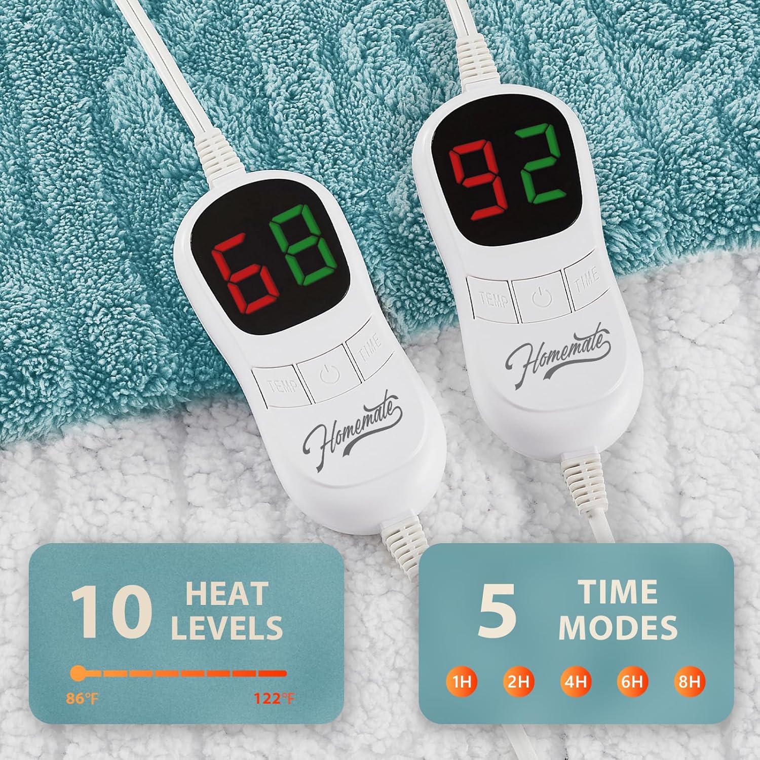 Homemate Electric Heated Blanket Queen - 84"x90" Heating Bed Blankets Throw with 10 Heating Levels 8 Hours Auto Off Fast Heating Over-Heated Protection Ultra Soft Warm Flannel ETL Certified