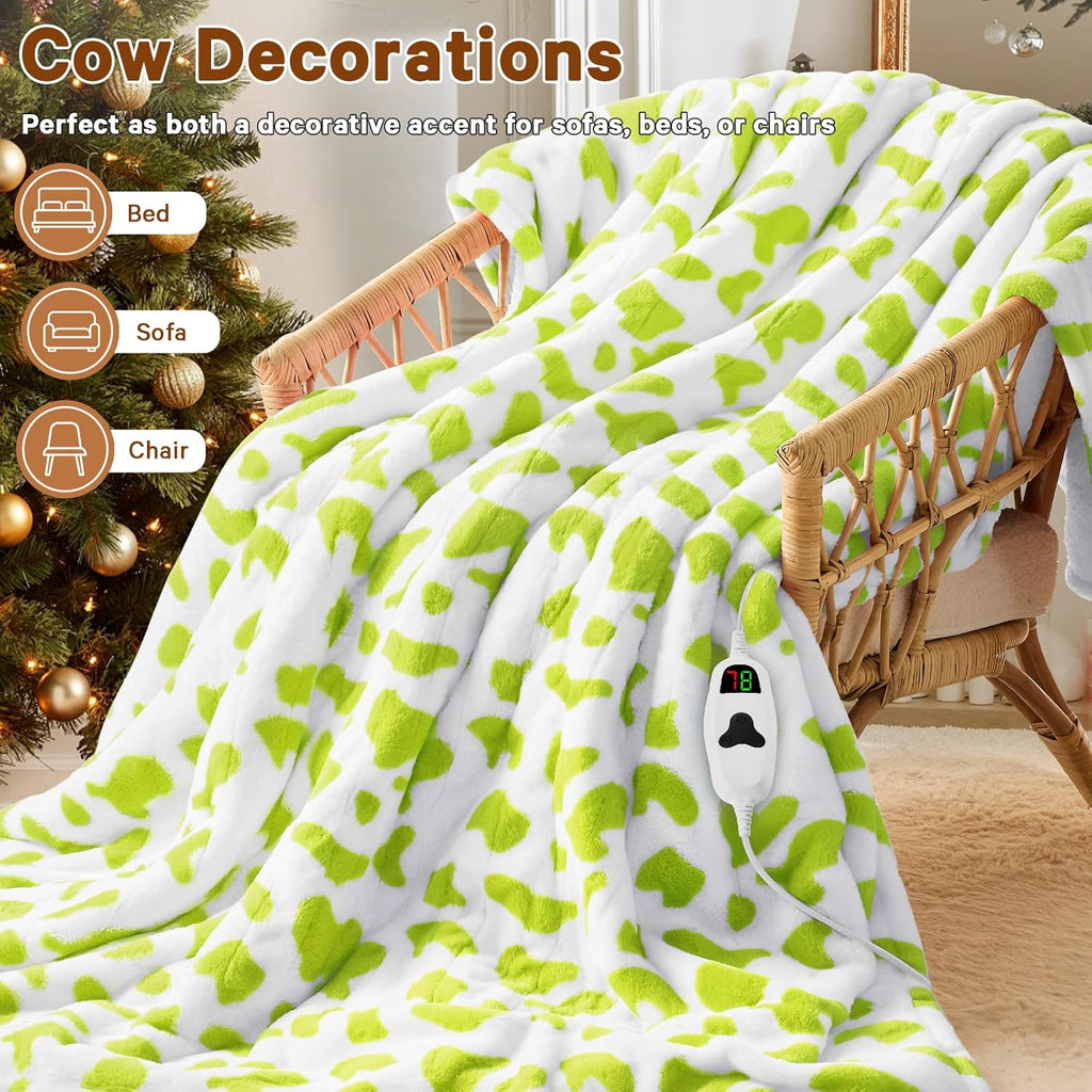 Green Cow Heated Electric Blanket Throw, 50X60 Heating Blanket with 10 Heats Levels & 8 Hours Auto Off, Cute Christmas Yoga Gifts for Women Teen Girls Mom Pets, Home Decor for Living Room Bedroom