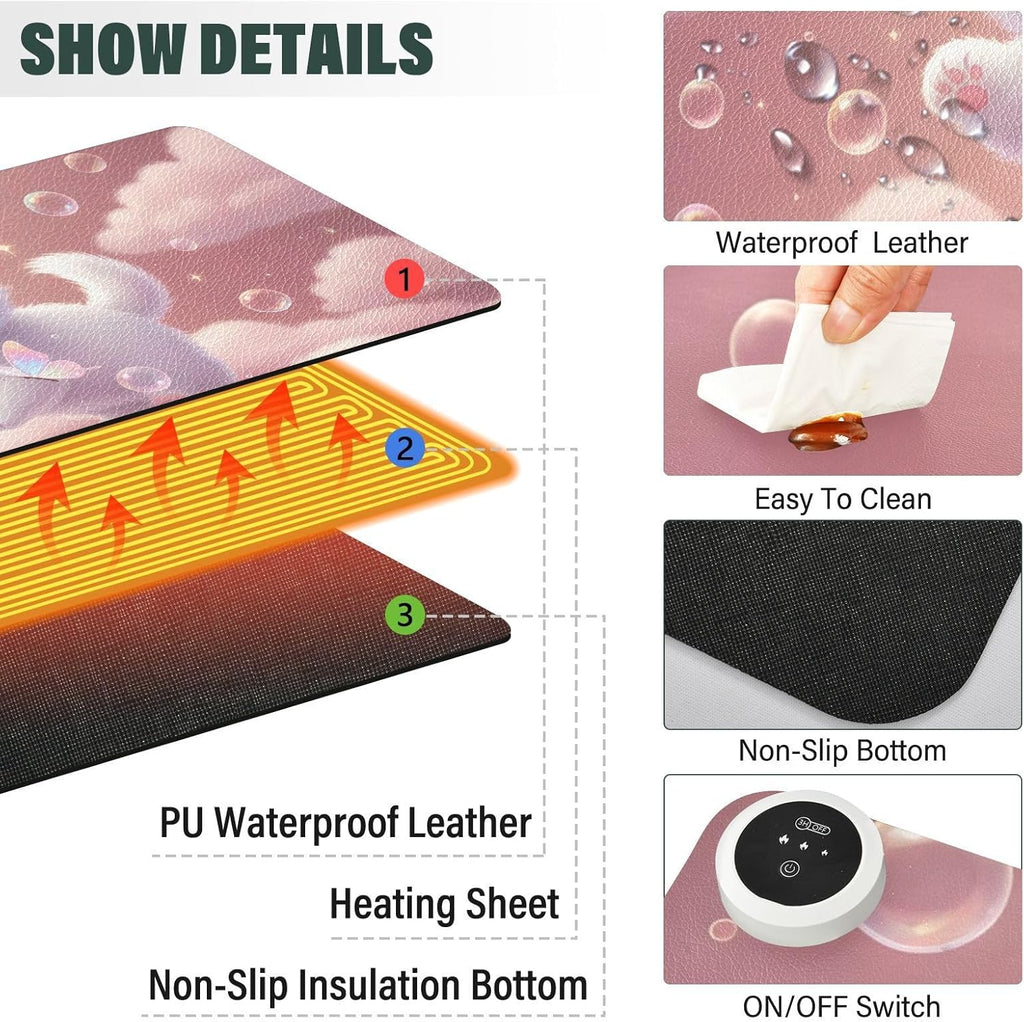Large Heated Mouse Pad,Leather Desk Mat,31.5"x13",Hand Warmer Pads for Desk,Kitty Bubbles(Pale Pink)