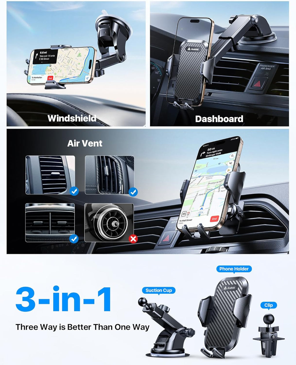 andobil Car Phone Holder, 2025 Military-Grade 89lbs Strongest Suction Phone Holders for Your Car Dashboard/Windshield/Vent Easy Clamp Car Phone Mount Stand for iPhone 17 16 15 14 13 Pro Max Samsung