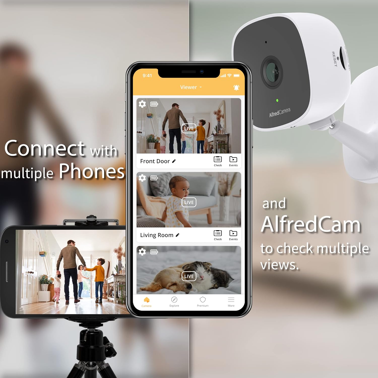 AlfredCam Indoor WiFi Security Camera, FullHD 1080P, 2.4G/WiFi, Continuous Recording, Motion Detection, Night Vision, Baby Monitor/Pet/Nanny Cam, App Powered (90M+ downloads)