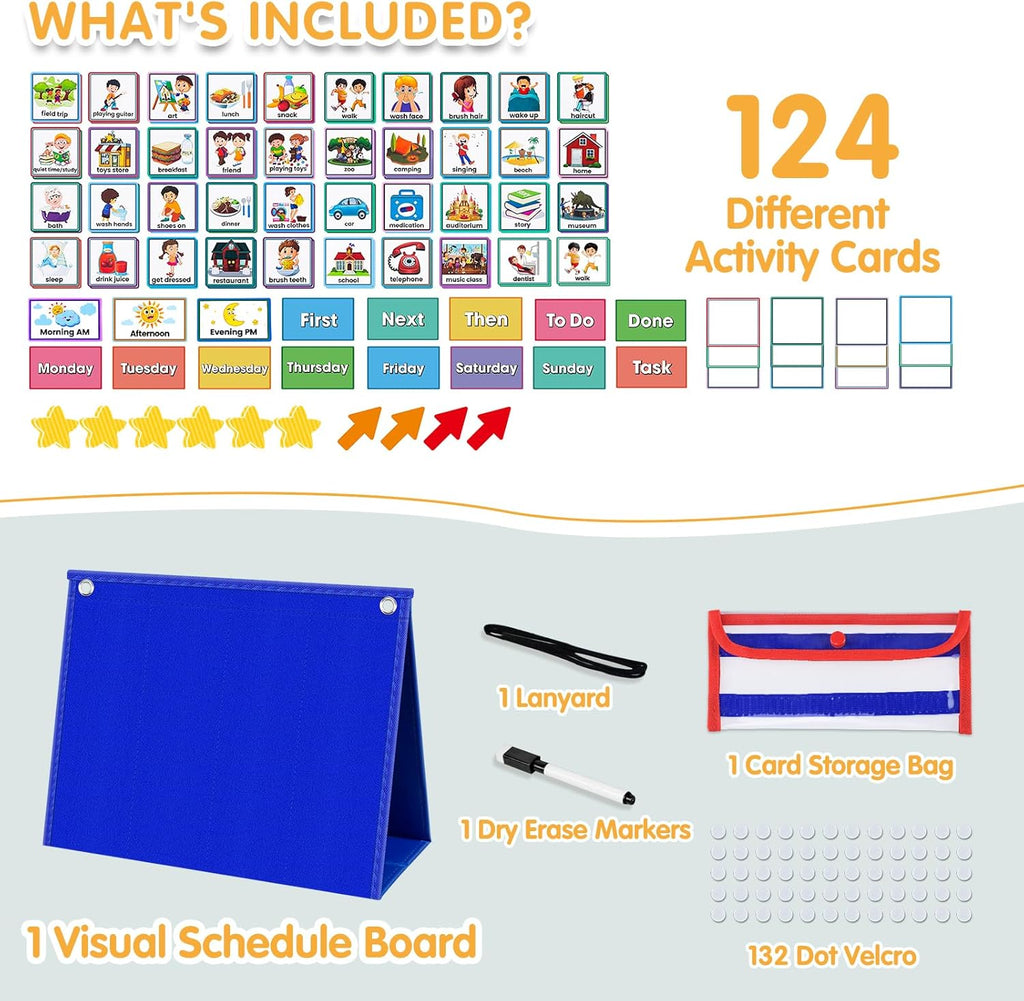 Large Visual Schedule for Kids with Autism Chore Chart for Kids Daily Routine Chart Autism Learning Materials Toddler Planning Board Visual Schedule for Classroom, Home with 124 Cards (Blue)