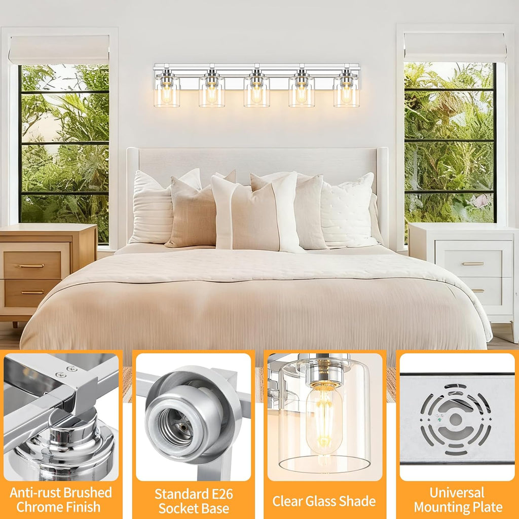 5 Light Modern Bathroom Light Fixtures Over Mirror, Chrome Vanity Lights for Bathroom Wall Sconces with Clear Glass Shades, E26 Socket (Bulbs Not Included)