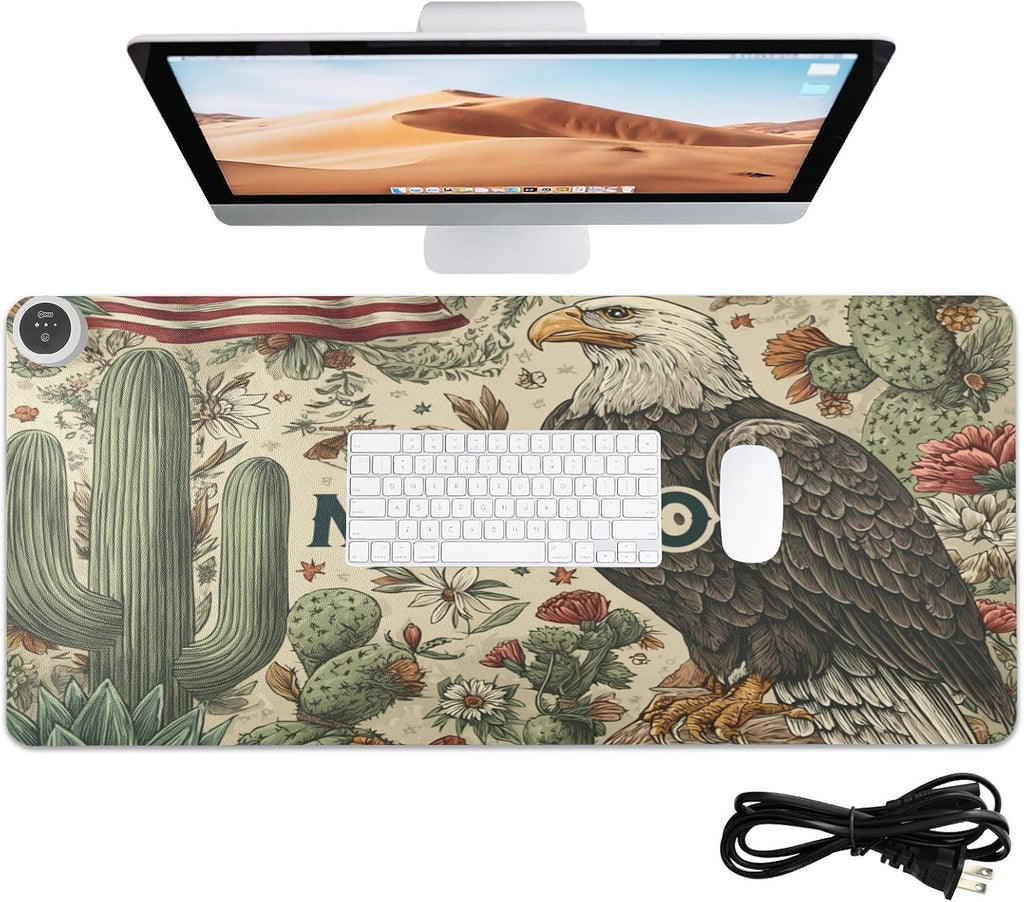 Heated Desk Pad Mouse Pad 31.5x13 Inch PU Leather Desk Mat with 3 Heat Levels Large Mouse Gaming Computer Laptop Mat Retro Mexico American Eagle Cactus Beige