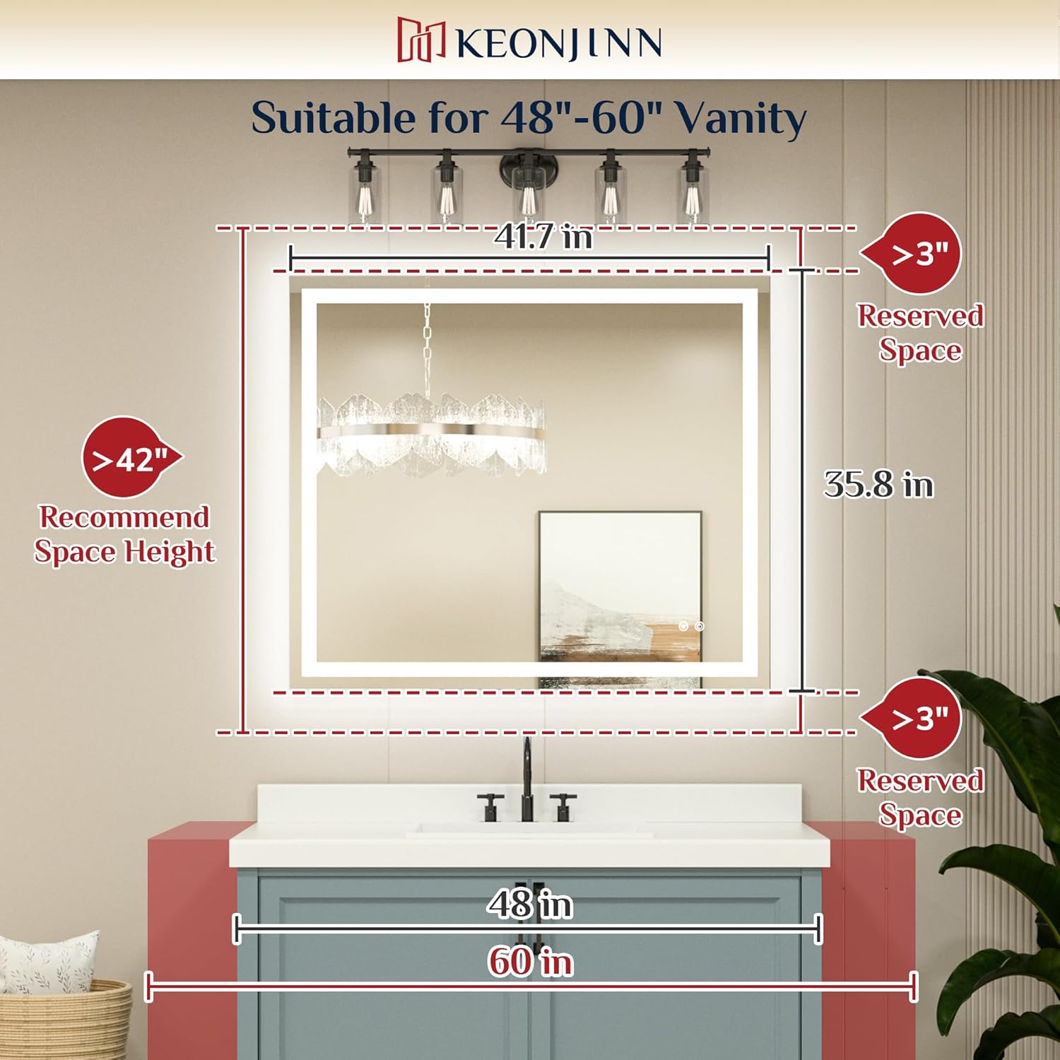 Keonjinn 42 x 36 Inch LED Bathroom Mirror with Lights, Bighter Frontlit & Backlit Vanity Mirror with Stepless Dimmable 3-Color, Anti-Fog Mirror for Wall, HD Tempered Glass, Memory Founction, CR90+