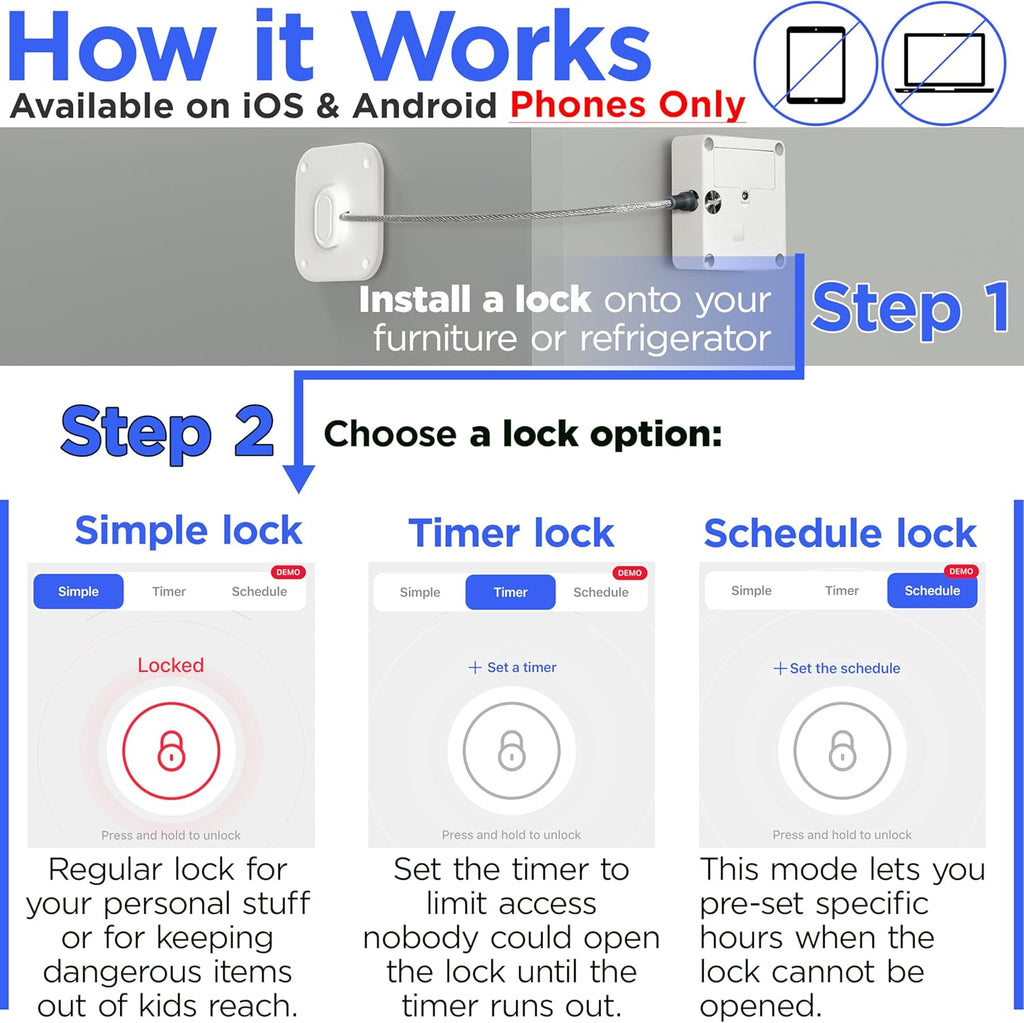 Bluetooth Lock for Fridge & Cabinets - Timed Lock Box to Reduce Access to Snacks, Food & Liquor - Smart App with Simple, Timer & Schedule Modes - Supports Focus & Healthy Habits