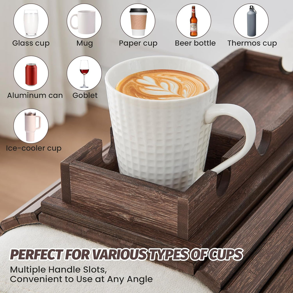 GEHE Detachable Couch Cup Holder, Anti Falling Sofa Arm Tray, Natural Bamboo Sofa Cup Holder More Safe for You Family, Portable Couch Arm Tray Armrest Table for Remote, Snacks, Phone, Drinks