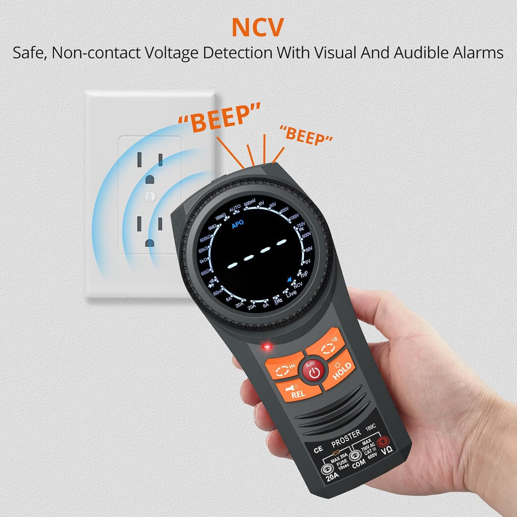 Proster Smart Multimeter Tester - 6000 Counts Multi Meter TRMS AC/DC Voltage & Current NCV Temperature Capacitance Resistance Diode Continuity Frequency Flashlight & Adjustable Screen Backlight