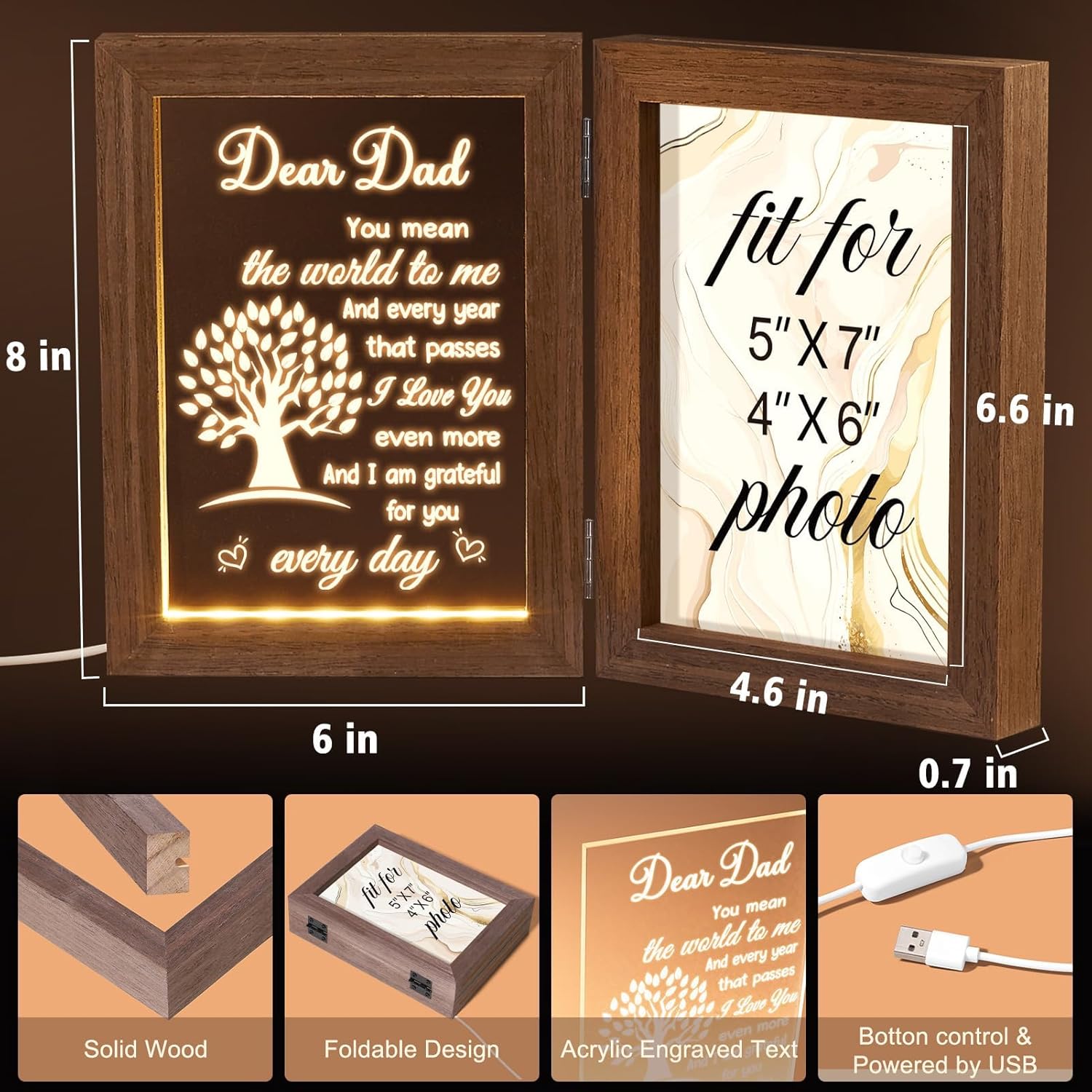 Dad Christmas Gifts for Dad from Daughter Son Kids, Engraved Night Light with Dad Picture Frame 5x7 Father in Law Christmas Gifts for Dad Who Wants Nothing & Gifts for Step Dad Bonus Dad New Dad Gifts