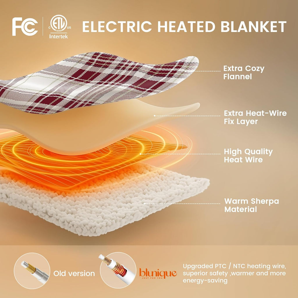 Christmas Heated Blanket Electric Throw 50''x60''Ultra Soft Plaid Flannel Fast Heating Electric Blanket with 10 Heat Levels & 10 Hrs Auto Off, ETL Certified, Keep Warm in Couch Bed Office