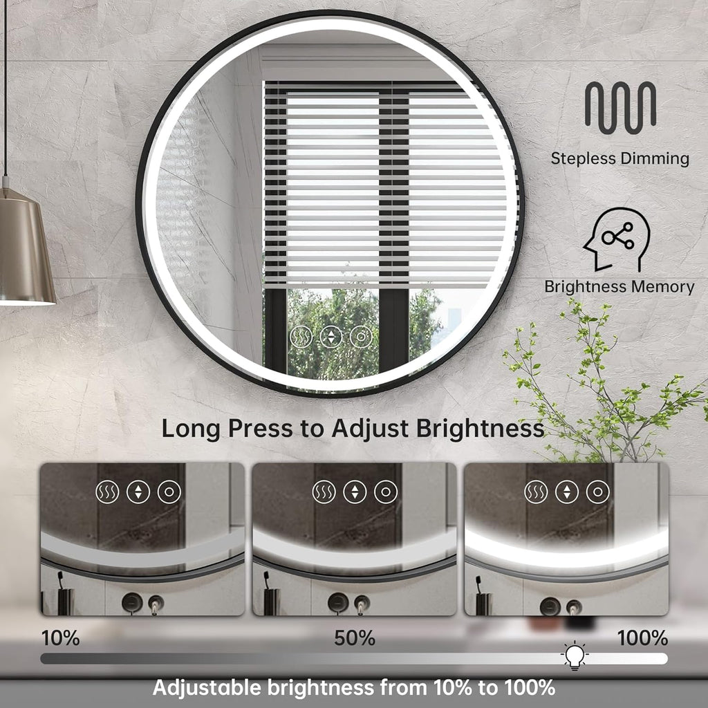 24 Inch Round Bathroom Mirror with Lights, Black Metal Framed Frontlit Circle Mirrors for Wall, Led Light Mirror with Anti-Fog, Memory Function, 3 Color Temperature, Dimmable Makeup Mirror