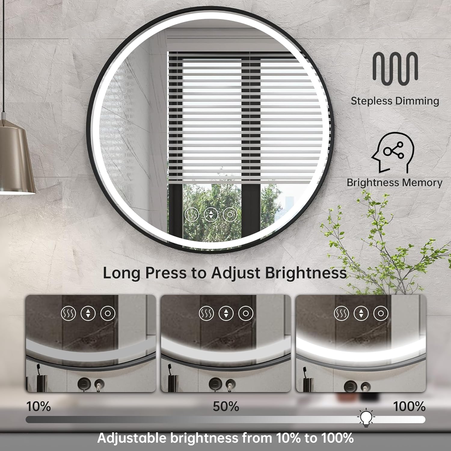 24 Inch Round Bathroom Mirror with Lights, Black Metal Framed Frontlit Circle Mirrors for Wall, Led Light Mirror with Anti-Fog, Memory Function, 3 Color Temperature, Dimmable Makeup Mirror