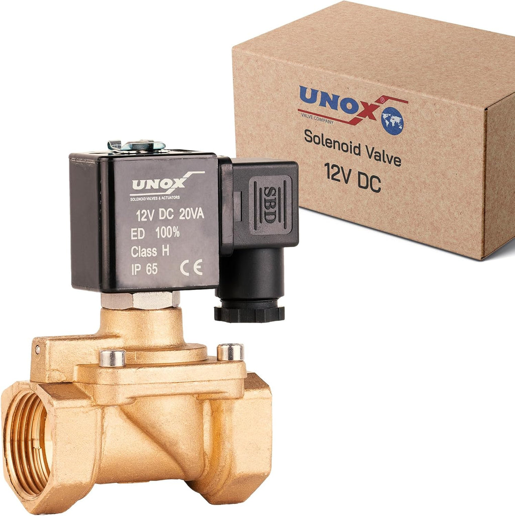 UNOX 3/4" NPT Solenoid Valve 12V DC, Brass Control Valve Normally Closed - 7-232 PSI Multi-Purpose Reliable Control Valve for Water, Air, and Gas - Solenoid Valves