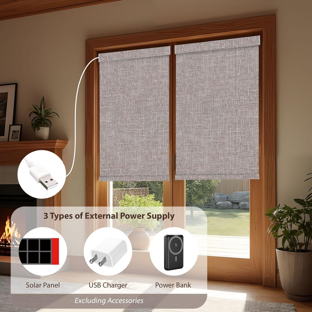 Motorized Roller Blinds with Remote, 100% Blackout Automatic Roller Shades for Bedroom, Bathroom, and Living Room, Customized Size, Cloud Shadow Brown