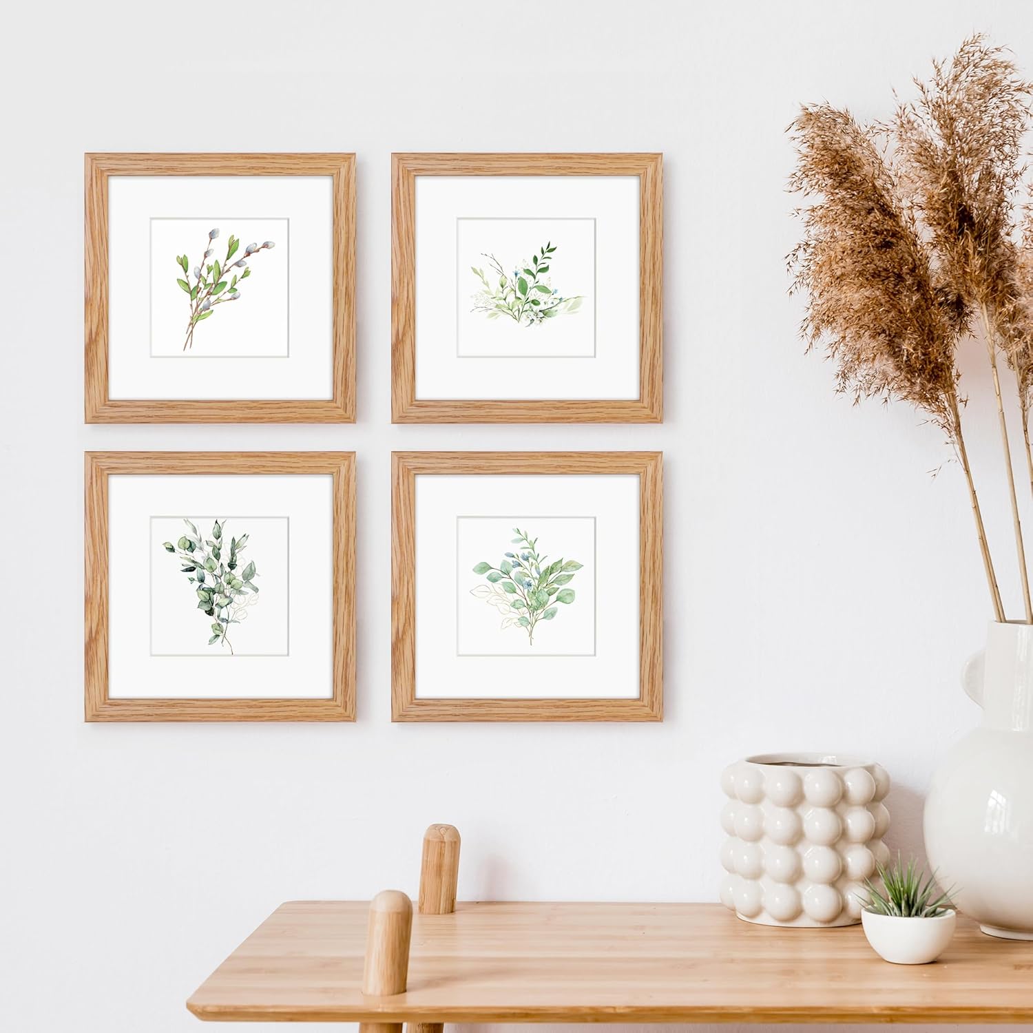 6x6 Picture Frames, Solid White Oak Wood Frame 6 x 6 with Stand for Wall & Tabletop Display, Rustic Wooden Photo Frame 6 by 6 with Real Glass, 6x6 Frame Matted to 4x4, Natural Color, Set of 4