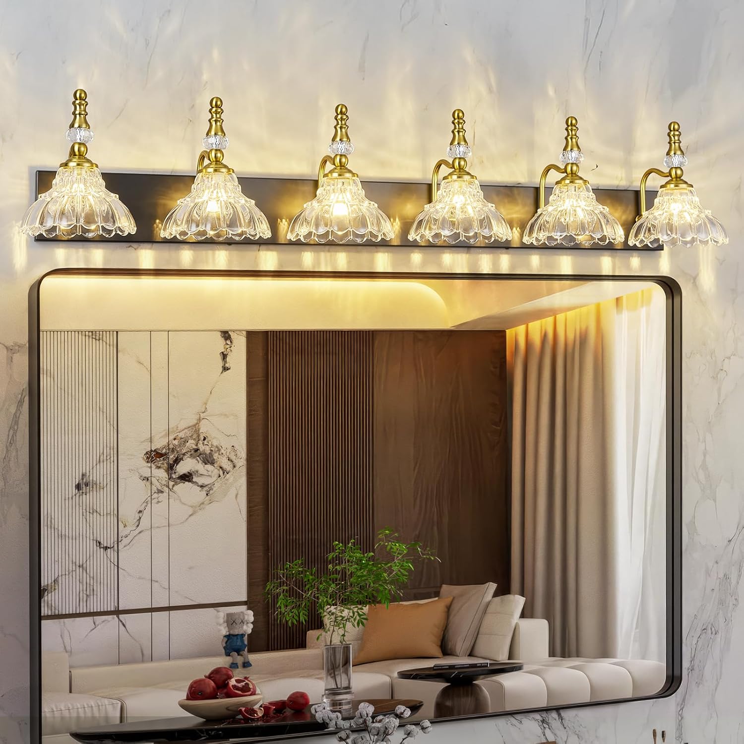Vintage Bathroom Vanity Light, 6-Light Black Gold Vanity Lighting Fixture with Flower Glass Shade, Bathroom Lighting Fixtures Over Mirror