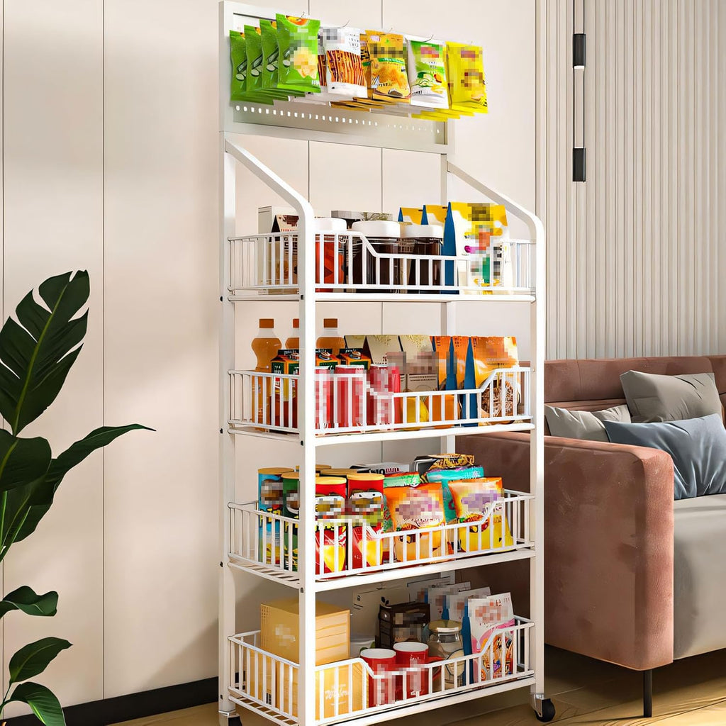 5-Tier Retail Display Rack, Metal Snack Display Stand with Wheels and Hooks, Multi-Functional Shelf, Easy to Assemble, Suitable Storage Rack for Home, Supermarket, Drugstore (5-Tier, White)