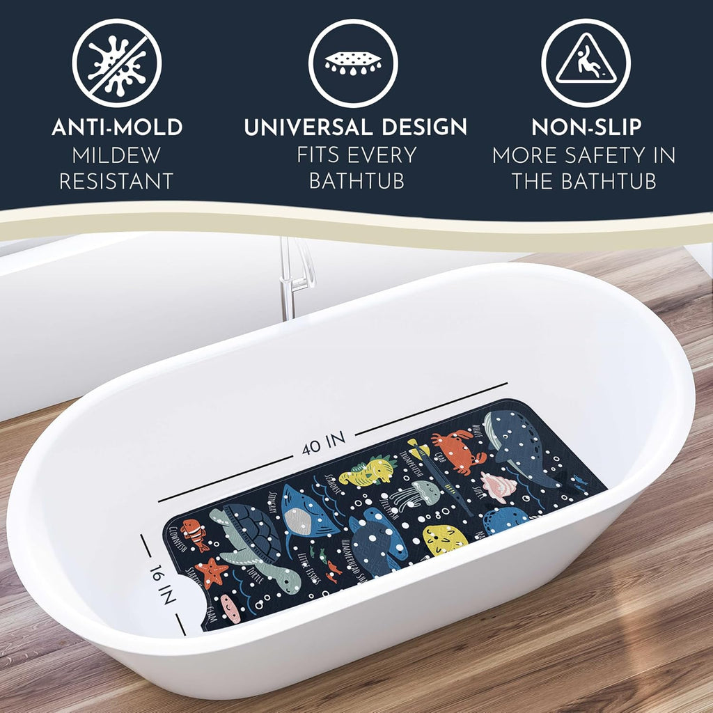 Bath Tub Mat Non Slip Anti Mold for Kids BPA Free INCL Hooks - homerella® Ocean Sea Animals 40x16, Baby Bath Mat Non Slip 200 Suction Cups, Non Toxic Machine Washable Toddler Bath Mat, EU Certified
