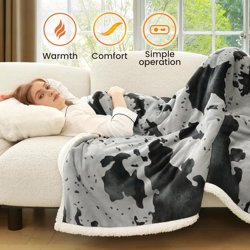 Cow Print Heated Throw Blanket Electric Blanket-Heating Blanket Throw with 10 Heat Levels & 10 Hours Auto-Off, Cozy Soft Fleece Sherpa, Washable, 50 x 60 Inches Cow Print Grey
