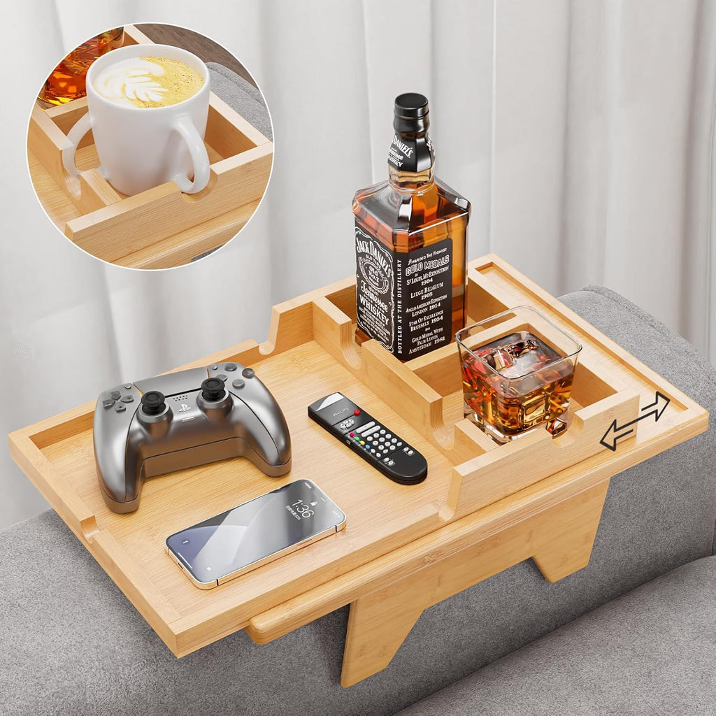 Bamboo Couch Cup Holder Tray - 2 in 1 Couch Armrest Table with Be Slide-Away Detachable Double Holder - Sofa Armchair Caddy for Drinking Snacks iPad TV Remote