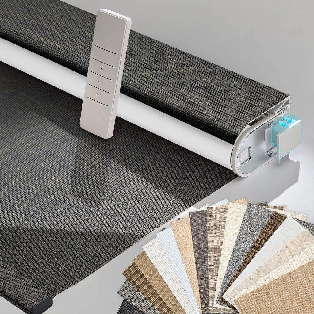 Persilux Smart Motorized Blinds with Remote, No Drill Automatic Roller Shades for Indoor Windows, Blackout Linen Fabric, Electric Blinds for Windows, Weave Blend Coal C162BO-8, Custom Size