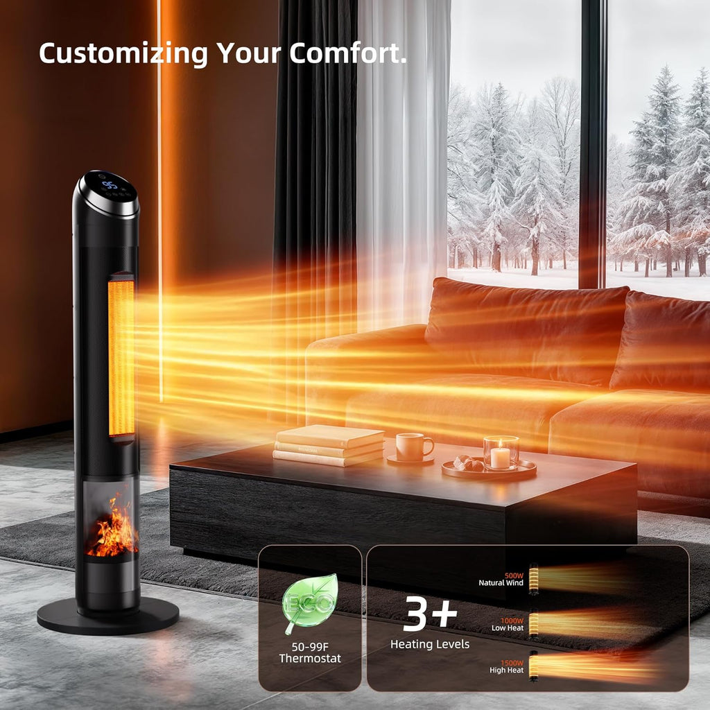 AKIRES 38IN Space Heater Large Room,1500w Space Heater For Indoor Use,120°Oscillating Tower Heater With Thermostat,Remote Control,Overheat & Tip-Over Protection,24H Timer For Large Rooms Matte Black