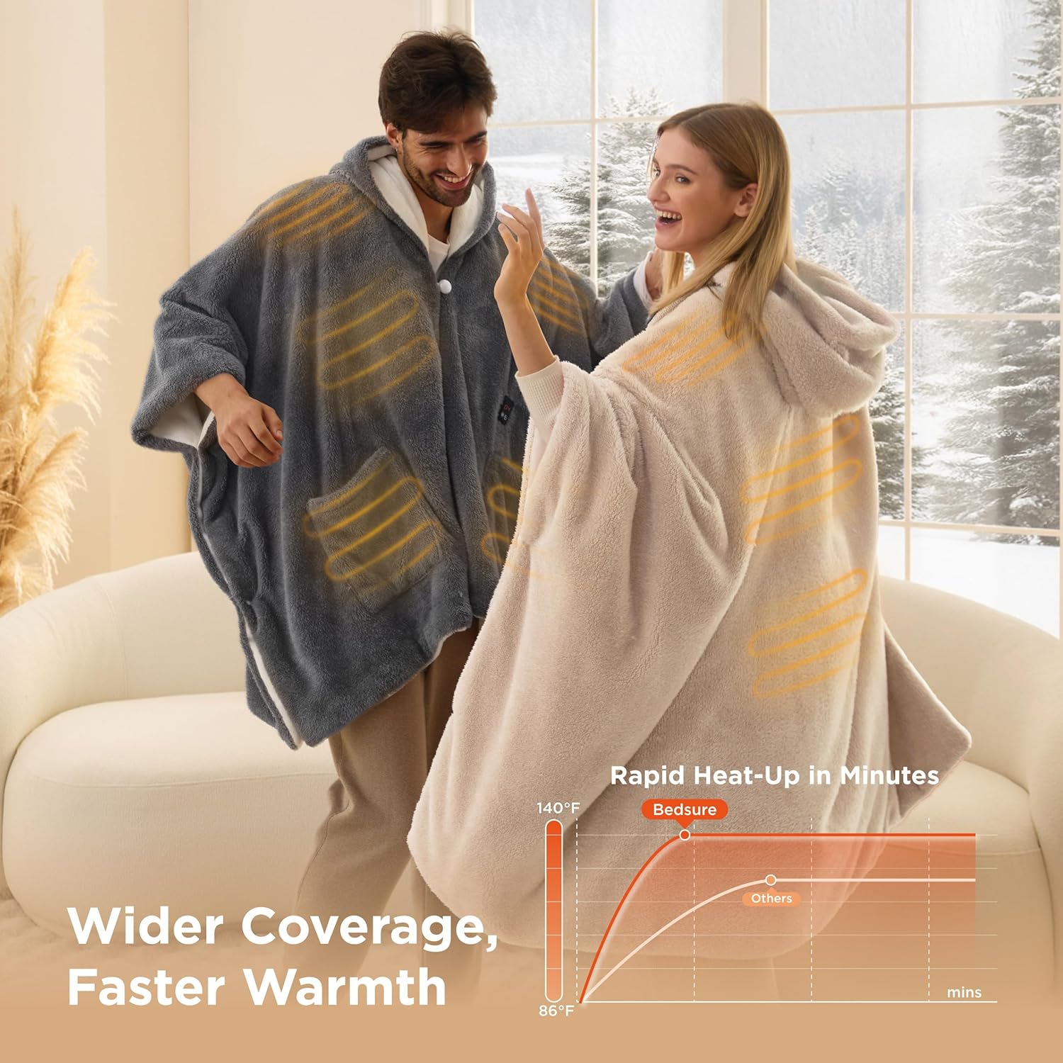 Bedsure Cordless Wearable Heated Blanket - Fluffy Electric Blanket Hoodie with 20000mAh Battery Pack, Portable USB Heated Shawl as Winter Gifts for Women Mom, 4 Heat Levels & 4 Timers, 55"x69", Cream