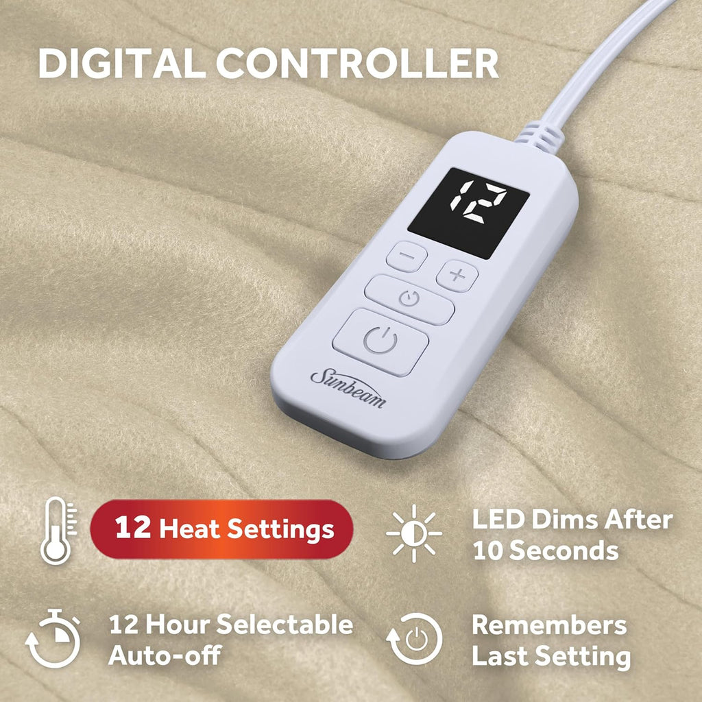 Sunbeam Royal Ultra Fleece Heated Electric Blanket Full Size, 84" x 72", 12 Heat Settings, 12-Hour Selectable Auto Shut-Off, Fast Heating, Machine Washable, Warm and Cozy, Pebble