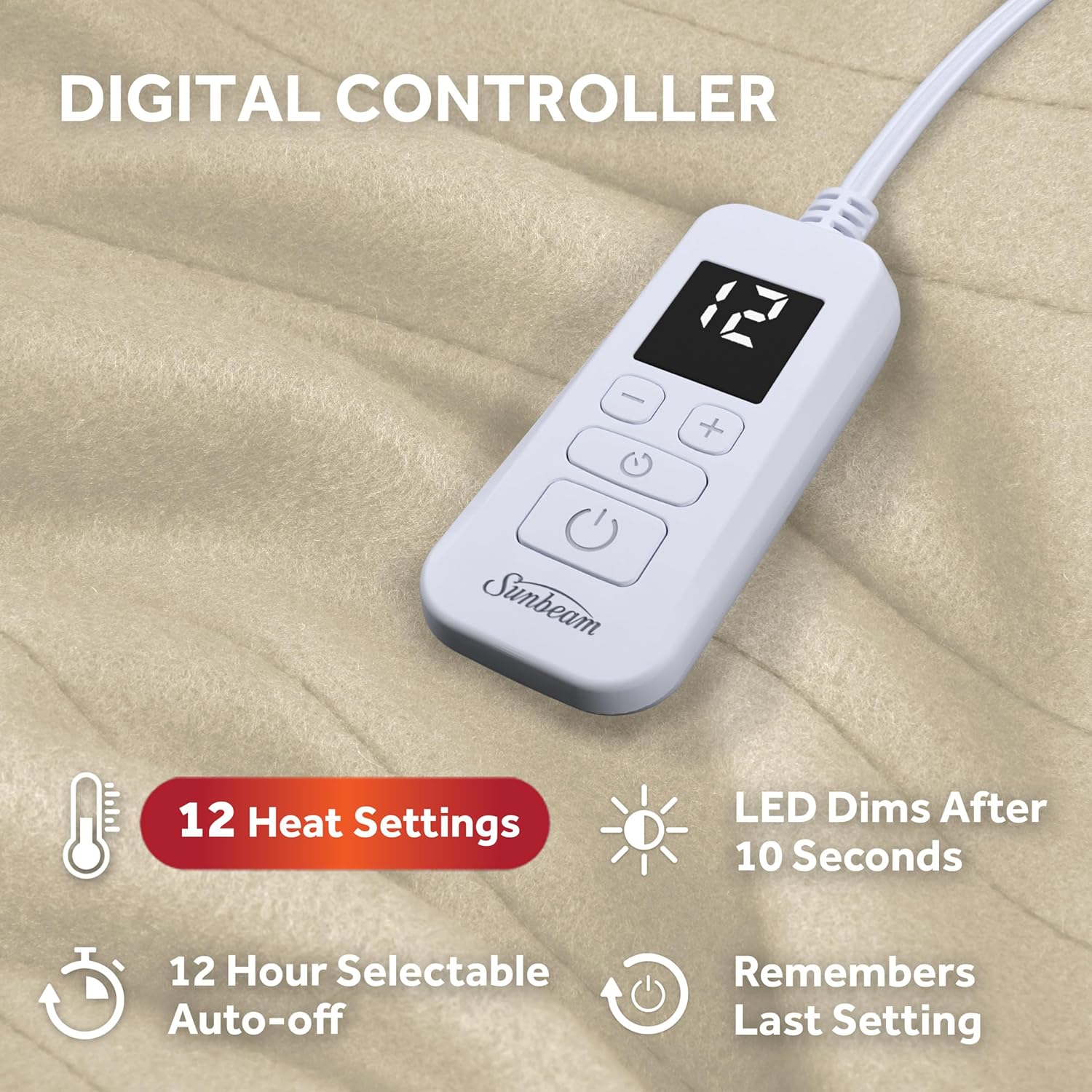 Sunbeam Royal Ultra Fleece Heated Electric Blanket Full Size, 84" x 72", 12 Heat Settings, 12-Hour Selectable Auto Shut-Off, Fast Heating, Machine Washable, Warm and Cozy, Pebble