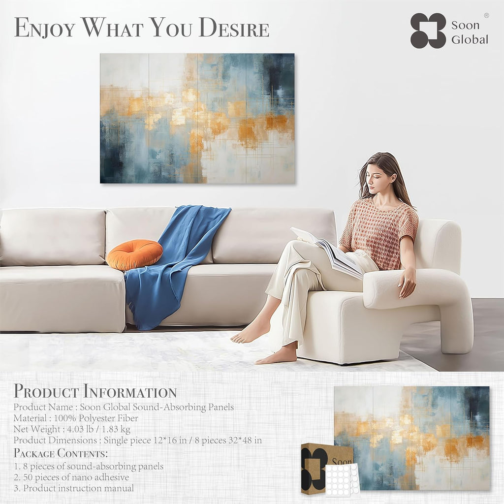 8-Pack Acoustical Wall Panels, 48 X 32 Inches Art Acoustic Panels, Decorative Acoustic Panels, Acoustic Wall Panels, Sound Absorbing Wall Art, Teal Aura