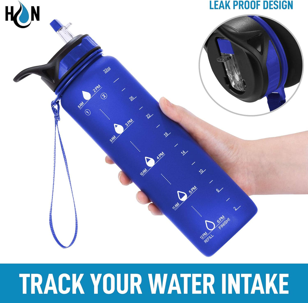 Hydration Nation (32oz Water Bottle With Time Marker - Leak Proof Water Bottles With Times To Drink For Fitness & Sports - 32oz Water Bottle With Straw For Drinking - Water Tracker Bottles (Blue)