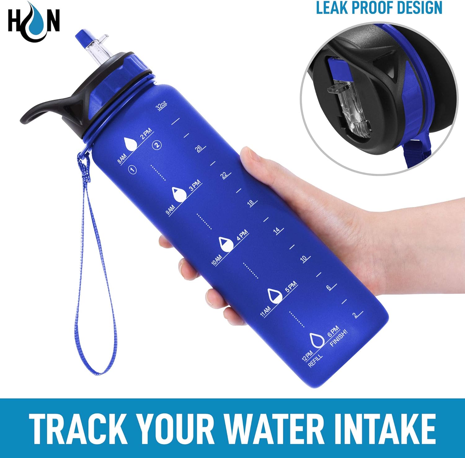 Hydration Nation (32oz Water Bottle With Time Marker - Leak Proof Water Bottles With Times To Drink For Fitness & Sports - 32oz Water Bottle With Straw For Drinking - Water Tracker Bottles (Blue)