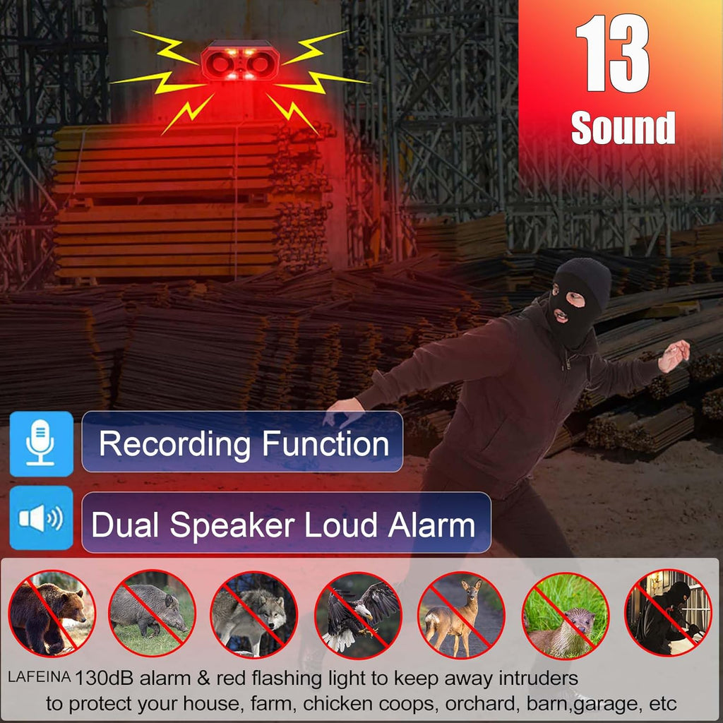 Solar Sound & Strobe Light Alarm Motion Sensor Siren, 13 Sounds & Recording, Dual Speaker 130dB Dog Barking Loud Noise Maker, Security Alert System for Home Farm Barn Villa Orchard (1 Pack)