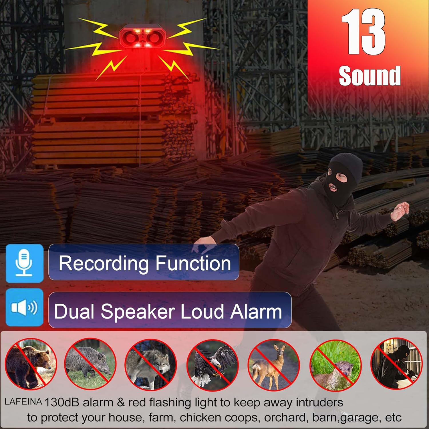 Solar Sound & Strobe Light Alarm Motion Sensor Siren, 13 Sounds & Recording, Dual Speaker 130dB Dog Barking Loud Noise Maker, Security Alert System for Home Farm Barn Villa Orchard (2 Pack)