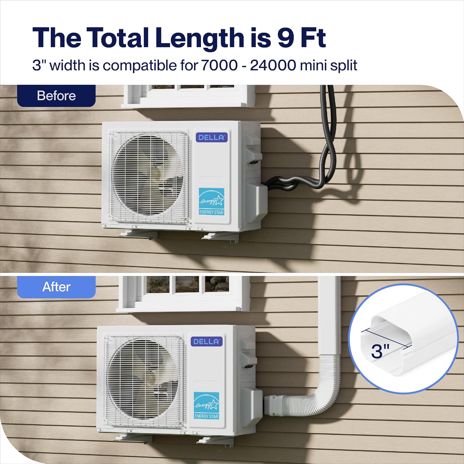 Della 3" 9 Ft Mini Split Line Set Cover with Flexible Duct, Decorative PVC Lineset Cover Kit, Paintable for Mini Split Air Conditioner, HAVC & Heat Pumps Systems Tubing Cover, White