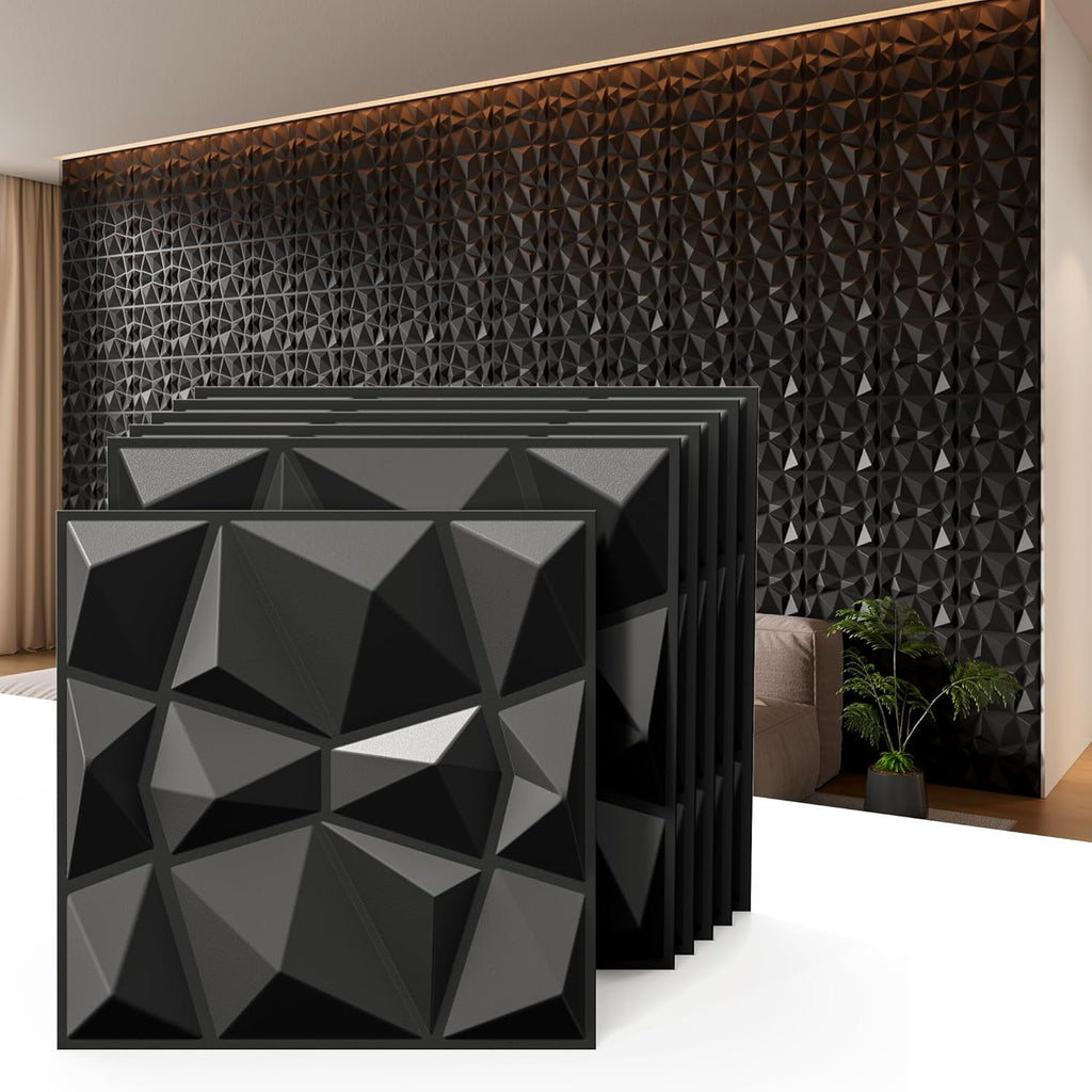 INMOZATA 3D Wall Panels for Interior Wall Decor, 33 Pack 12 x 12 Inch Decorative Wall Panels Diamond 3D Textured Accent Panel for TV, Gaming Living Room, Bedroom Background(Black)