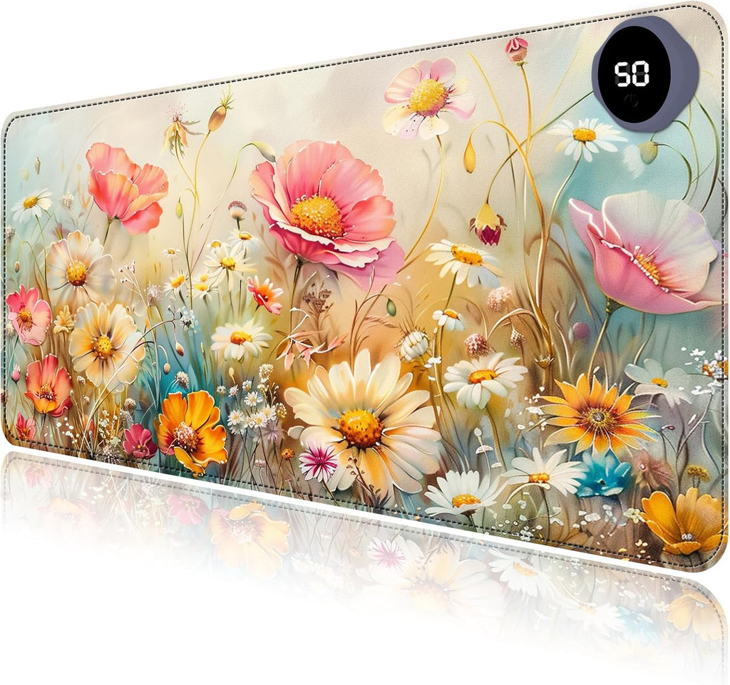 Heated Mouse Pad with 3 Levels Heated & 3 Hours Auto Shut-Off Mouse Pad for Warming Hands in Office Home, 23.6" x 14.2"Large Safe Desk Mat Hand Warmer，Colorful Flowers