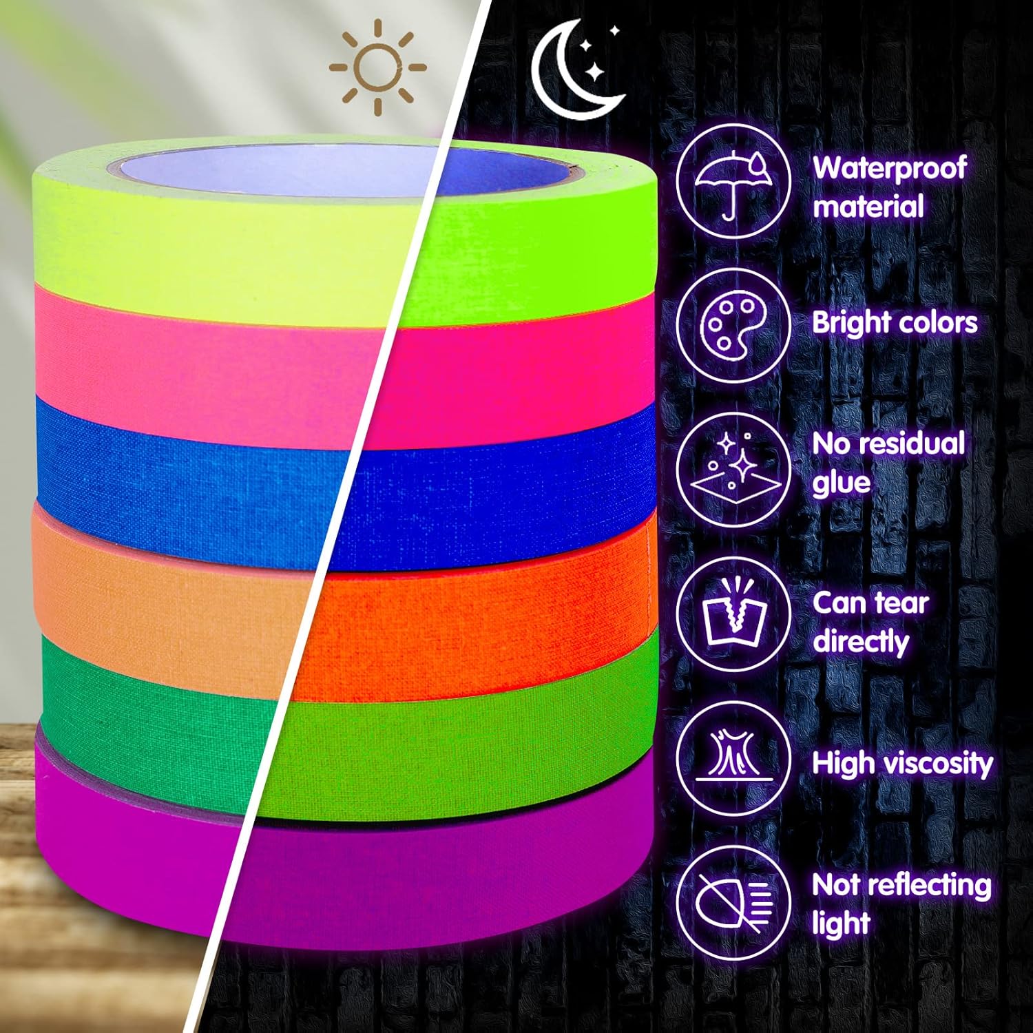 Whaline 6 Colors Neon Gaffer Cloth Tape, Fluorescent Rainbow Color UV Blacklight Tape for UV Party (0.6 inch x 35 feet)