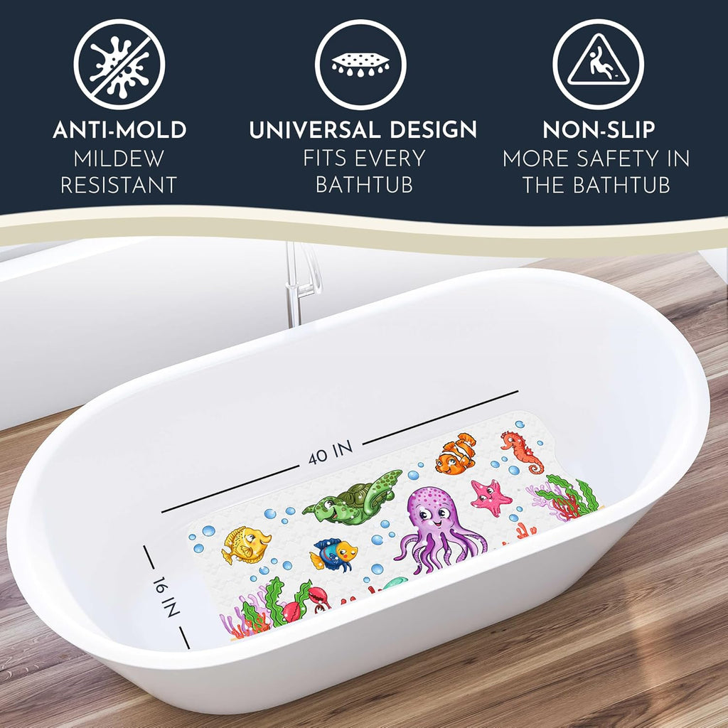 Bath Tub Mat Non Slip Anti Mold for Kids BPA Free INCL Hooks - homerella® Ocean Sea Animals 40x16, Baby Bath Mat Non Slip 200 Suction Cups, Non Toxic Machine Washable Toddler Bath Mat, EU Certified