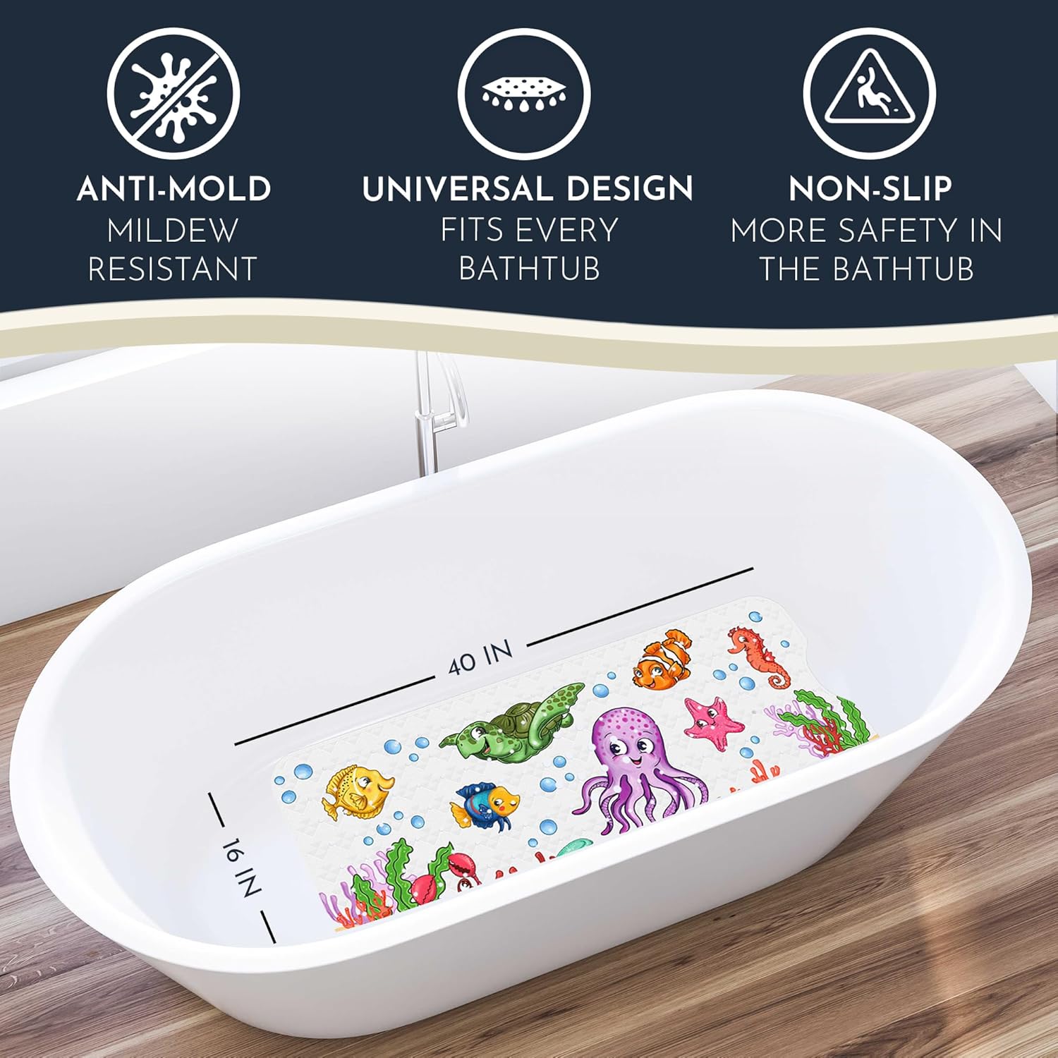 Bath Tub Mat Non Slip Anti Mold for Kids BPA Free INCL Hooks - homerella® Ocean Sea Animals 40x16, Baby Bath Mat Non Slip 200 Suction Cups, Non Toxic Machine Washable Toddler Bath Mat, EU Certified