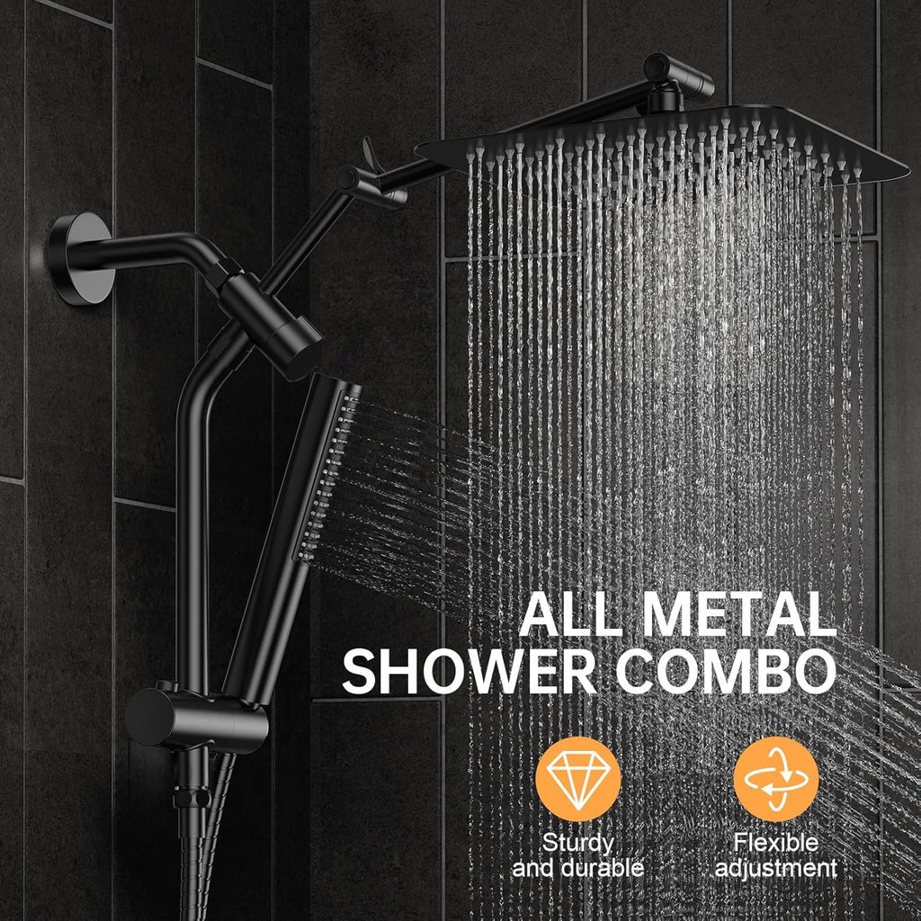 Veken 10" Luxurious All Metal Rain Shower Head with Handheld Spray Combo, High Pressure Rainfall Square Shower Heads with Extension Arm, Wide Dual Showerhead, Bathroom Accessories, Matte Black