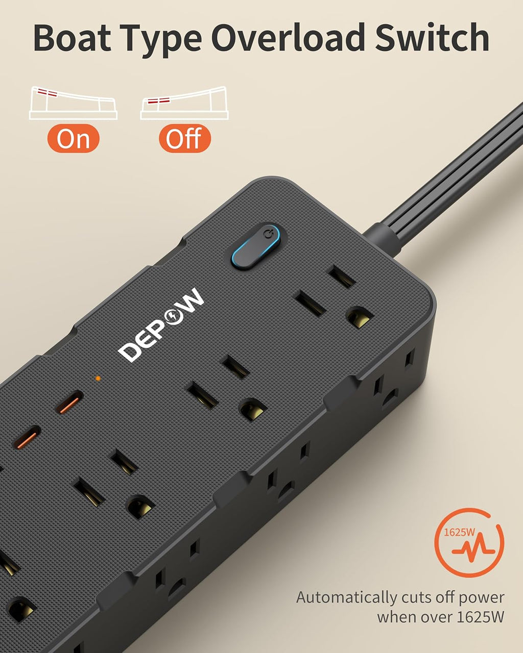 Power Strips with Surge Protection, 5FT Extension Cord with Multiple Outlets-8 AC Outlets 4 USB Ports (2 USB C), Flag Plug, 1700 Joule Surge Protector for Home Office, Black