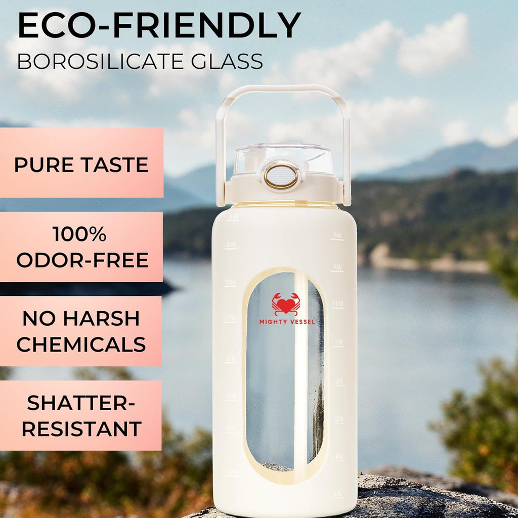 64 oz Glass Water Bottle – White | Leakproof Borosilicate Bottle with Straw, Silicone Sleeve, Time Marker – Half Gallon Hydration for Gym, Travel, Sports